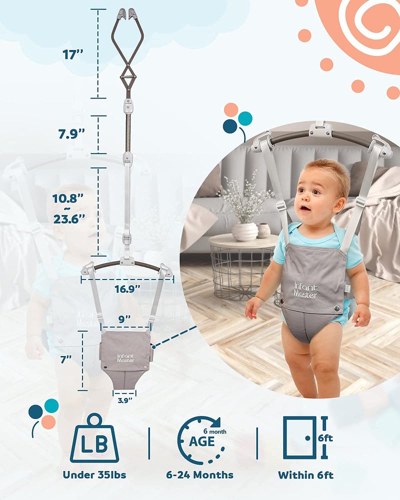 Infant Master Baby Doorway Jumpers, Sturdy Johnny Jumper w/Adjustable 10.8"-23.6" inches Strap, Soft Baby Johnny Bouncer w/Seat Bag, Ideal Gift for Infant, Portable and Easy to Use, Grey - Image 2